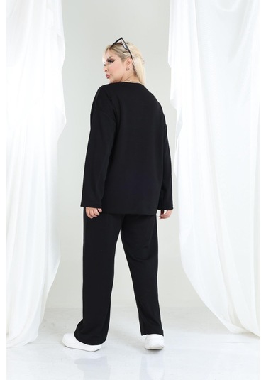 Kadın Büyük Beden Oysho Tarzı Modal Kumaş Uzun Kollu Biyeli Rahat Günlük Takım Siyah