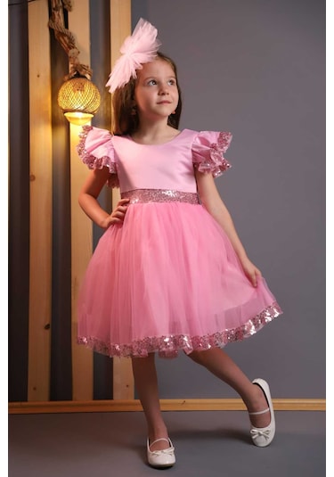 Kız Çocuk Tül Beyaz Pembe Kırmızı Tokalı Prenses Doğum Günü Bayram Abiye Mezuniyet Şık Elbise Pembe