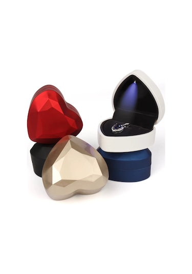 Springsun Kırmızı Mat Lakalı Kalp Şekilli Elmas Yüzlü Led Işıklı Yüzük Kutusu 7.2x6.6x4.5cm Kırmızı