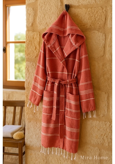 Kapüşonlu Kadın / Erkek Peştemal Bornoz Soft %100 Pamuklu Natural Kiremit