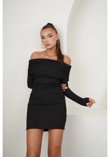 Kadın Madonna Mendil Yaka Fırsat Ürün Büzgülü Mini Elbise Siyah