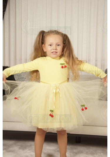 Tüllü Astarlı Esnek Kirazlı Elbise Uzun-sarı Sarı