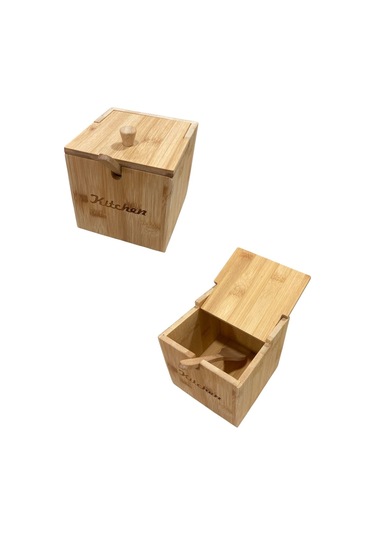 Qerhome Bmabu Kapaklı Ve Kaşıklı Şekerlik - Tuzluk - Baharatlık Veya Baharat Kabı 12 Cm 12 Cm Ahşap