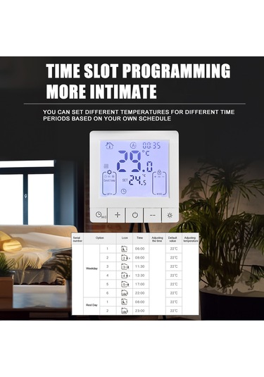 Ranyeek Beyaz Su Isıtma Akıllı Termostat, 3a Ip20, 24 Saatli Zamanlayıcı, Lcd Renkli Ekran, 5-60 C, Ateş Engelleme Pc+abs Malzeme