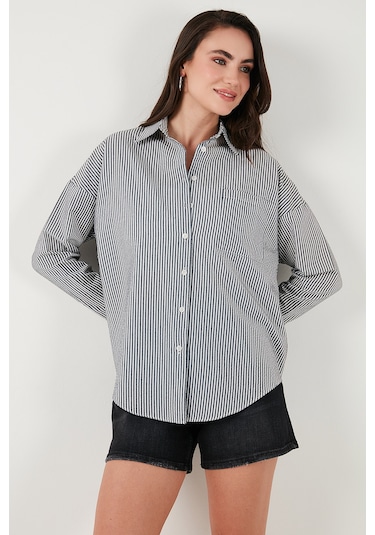 Lela Regular Fit Uzun Kollu Cepli Çizgili Bayan Gömlek 6772895 Siyah