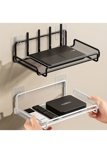 Sunshine011 Siyah Modern Duvar Tipi Router Rafı, Havalandırmalı Mesh Saklama Ünitesi Siyah