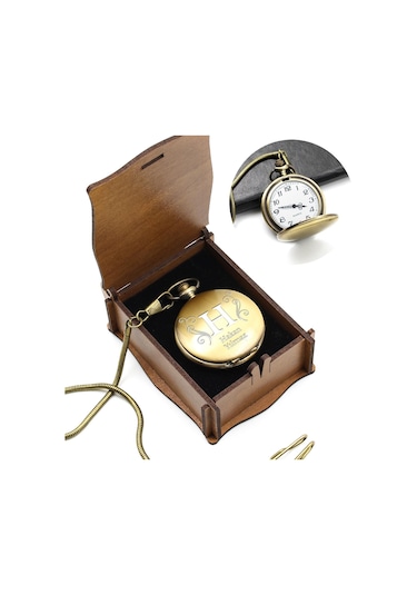 Kişiye Özel Ahşap Kutulu Köstekli Cep Saati Gold Renk