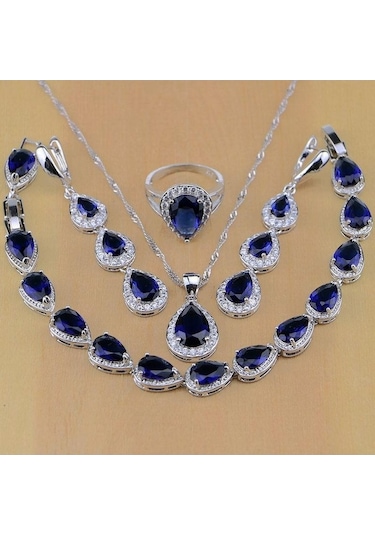 Novahub Mavi Gümüş Renk Takı Mavi Kübik Zirkonya Takı Setleri Kadınlar Için Küpe Kolye Yüzük Bilezik 7.5 Mavi