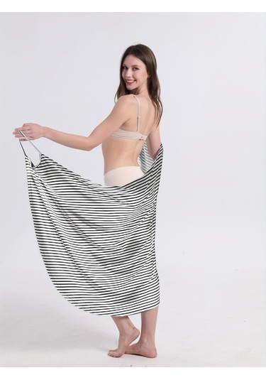 Spagetti Askılı Şık Çizgili V Yaka Plaj Elbisesi Mavi