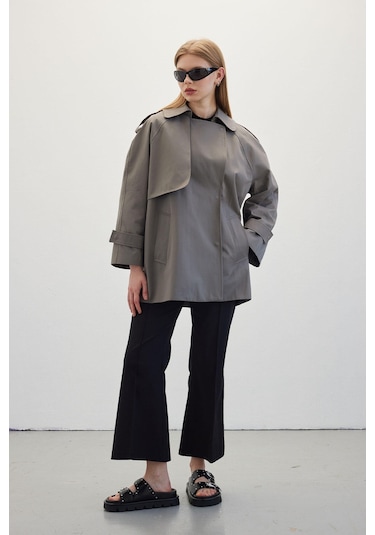 Manuka Oversize Kısa Trençkot Gri