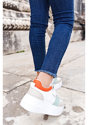 Gdt Ayakkabı Bej Turuncu Kalın Taban Bağcıklı Cırtlı Kadın Spor Ayakkabı 001