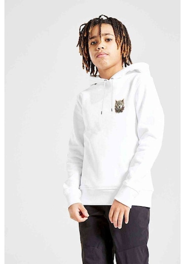 Watercolor Owl Baskılı Unisex Çocuk Kapüşonlu Beyaz Sweatshirt Beyaz