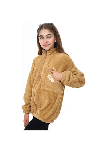 Toontoy Kız Çocuk Nakışlı Peluş Hırka Kahverengi