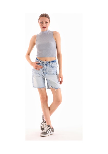 Kadın Likralı Kolsuz Crop Bluz Gri