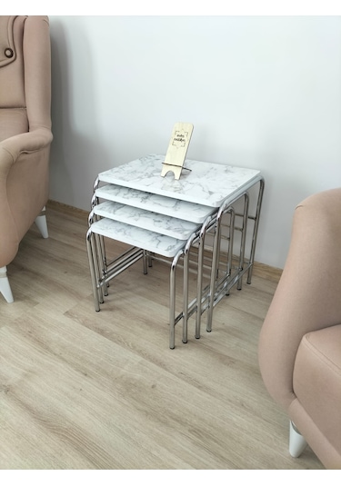 Evko Mobilya Buket Sehpa, 4'lü Zigon Sehpa, Dörtlü, Krom-b.mermer