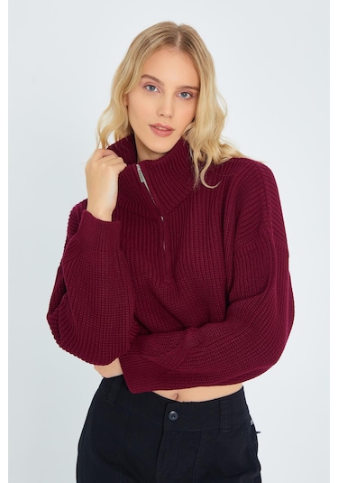 Mixray 6752 Kadın Crop Fermuarlı Kazak Bordo