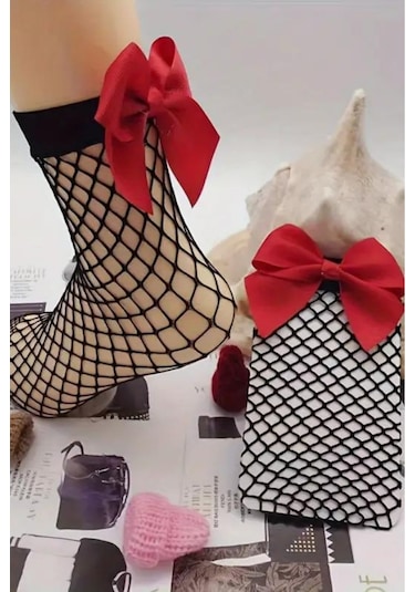 Heleni Kadın File Desenli Kırmızı Fiyonklu Siyah Soket Çorap Siyah