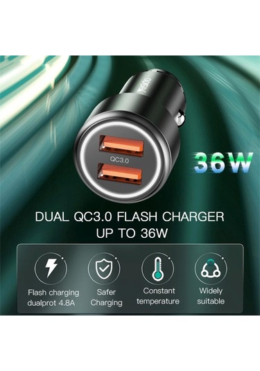 Sones Yesido Y43 Çift Usb Bağlantı Noktalı Araç Hızlı Şarj Cihazı Çakmak 36w Araç Şarj Cihazı