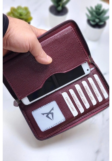 Xclub Model Unisex Telefon Bölmeli El Geçmeli Kordonlu Deri Portföy Kartlık Uzun Cüzdan Bordo Siyah