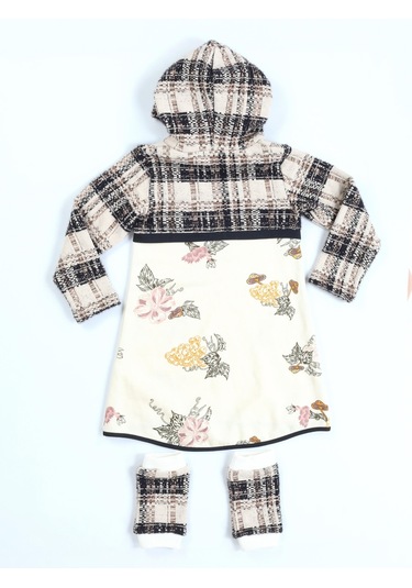 Ekose Baskılı Hoodie Kız Elbise + Tozluk Takım-gri Gri