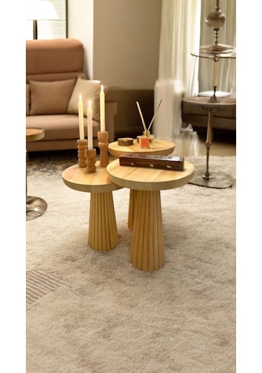 3'lü Vernikli Ahşap Yan Mantar Sehpa