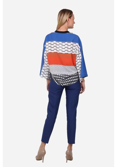 Kadın Geometrik Desenli Blok Renkli Bluz Frn1103 Mavi