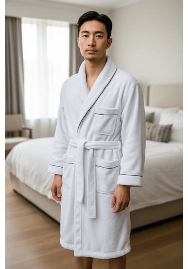 % 100 Pamuklu Laodikeia Şalyaka Bornoz Kadın Erkek Unisex Beyaz
