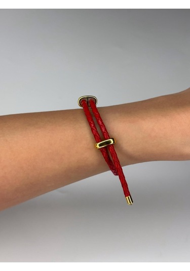 Kırmızı Deri Görünümlü Çift Dolamalı Çelik Detaylı Bileklik Unisex Tasarım Kırmızı