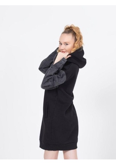 Kız Çocuk Kapüşonlu Kolları Kot Sweat Elbise-13452-siyah Siyah