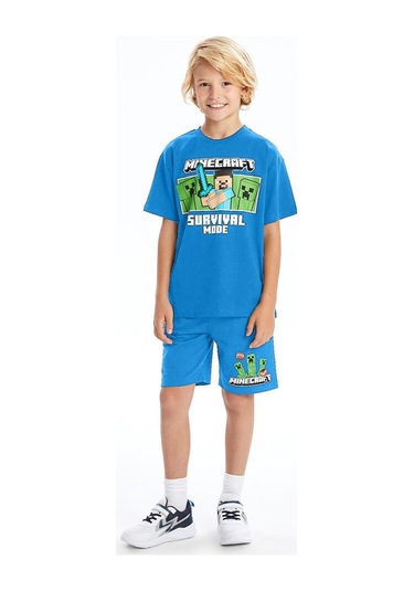 Erkek Çocuk Minecraft Şortlu Takım Mavi