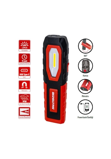İzeltaş Cob Led Şarjlı Orta Boy Çalışma Lambası 400 Lm Kırmızı - Siyah