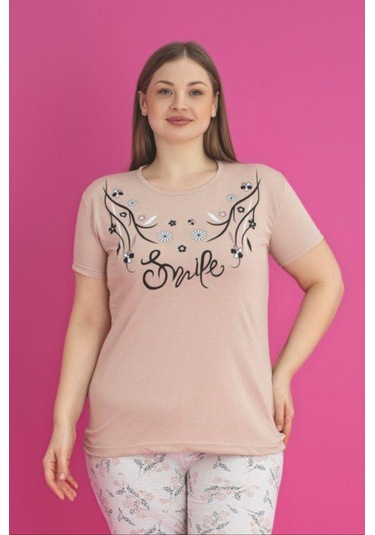 X-dreamy Büyük Beden Pamuklu Çiçekli Kısa Kollu Pijama Takımı Kahverengi