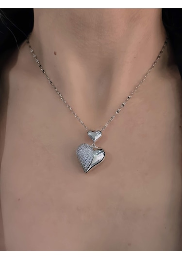 Eva Takı Store Bombeli Kalp Zirkon Taşlı Silver Renk Kolye Silver