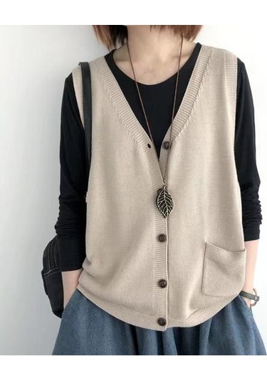 Yeşil Kadın Örgü Yelek V Yaka Kolsuz Tek Sıralı Sıcak Yelek Düz Renk Bol Kesim Yeşil