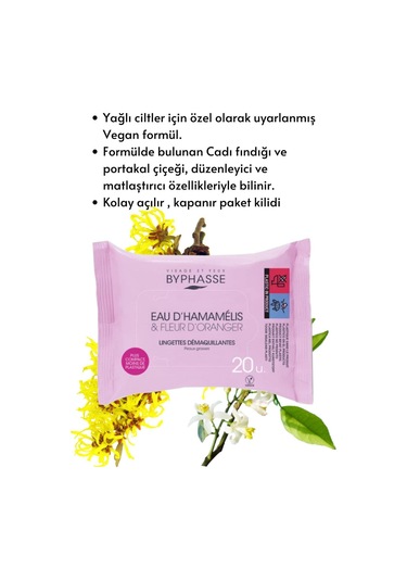 Byphasse Cadı Fındığı Ve Portakal Çiçeği Özlü Makyaj Temizleme Mendili Yağlı Ciltler 20'li