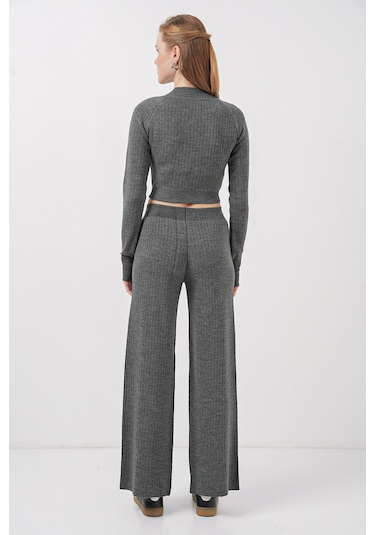 Bigdart 15905 Kadın Crop Kazak Pantolon Triko Alt Üst Takım - Füme
