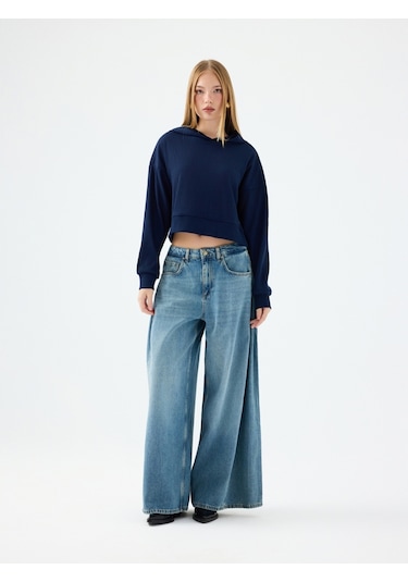 Long Crop Kadın Sweatshirt Lacivert