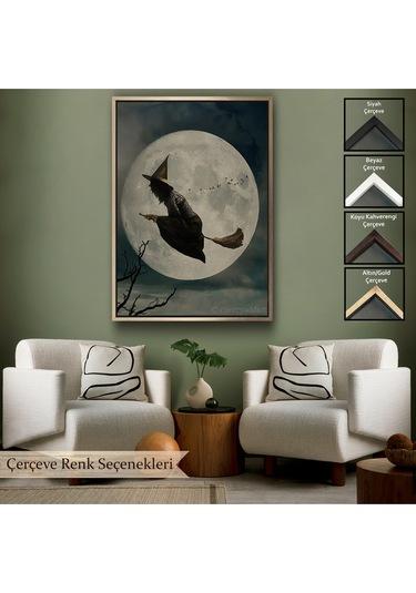Çerçeveli Süpürge İle Uçan Cadı, Cadılar Bayramı Helloven Duvar Tablosu -6481
