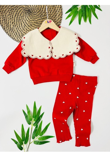 Kalp Nakış Dörtgen Yakalı Fitilli Tayt Mevsimlik 2 Parça Set Kırmızı