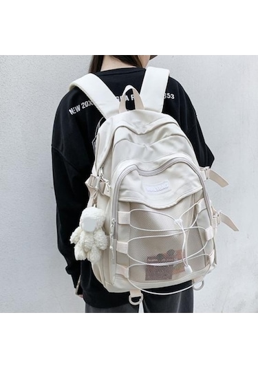 Novahub Bej Kore Tarzı Lise Sırt Çantası - Genç Kızlar İçin Moda Ve Konfor Bej
