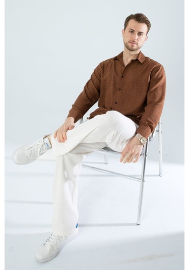 Rahat Kesim Keten Dokulu Gömlek Koyu Kahve