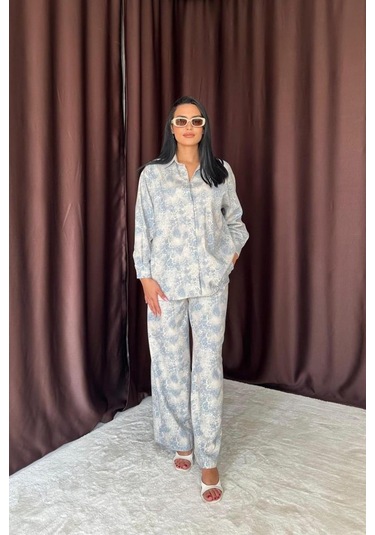 The İstanbul Mavi Leopar Desenli Ceket Ve Pantolon Keten Takım Mavi