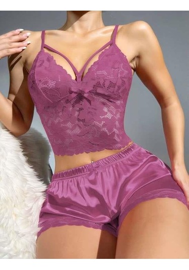 Dantelli Büstiyer İnce Askılı Lila Saten Şortlu Takım Lila