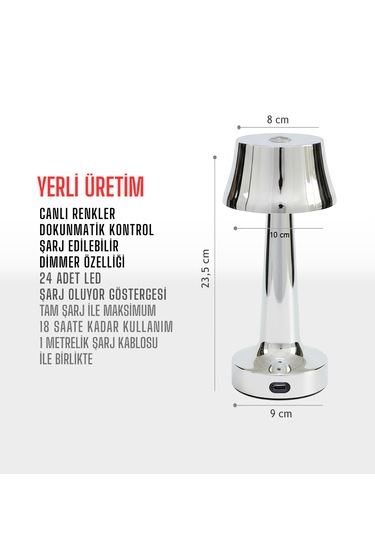 Zenlight Metal Dokunmatik Şarjlı Masa Lambası Gümüş