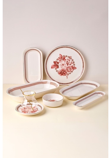 Danish Rose Yaldızlı 37 Parça 6 Kişilik Stackable Kahvaltı Takımı Ve Sunum Seti Pembe Pembe