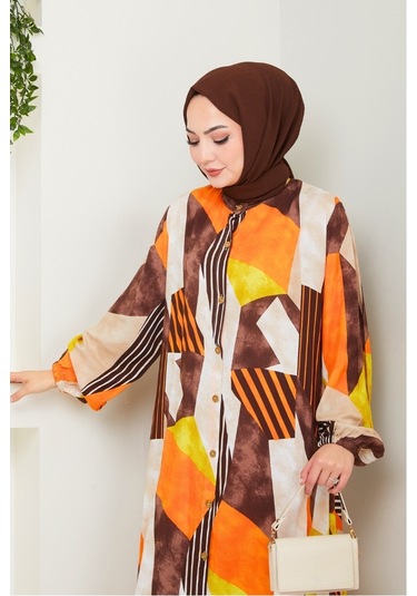 Milaz Boydan Düğmeli Dokuma Viskon Elbise 1501 - Turuncu Turuncu