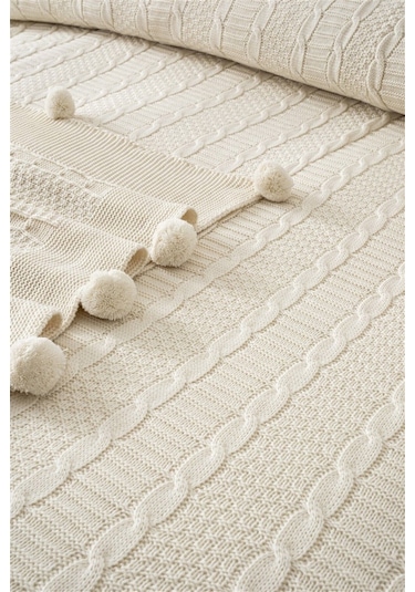 Çift Kişilik Triko Örme Battaniye Takımı-tivoli Rosetta Krem