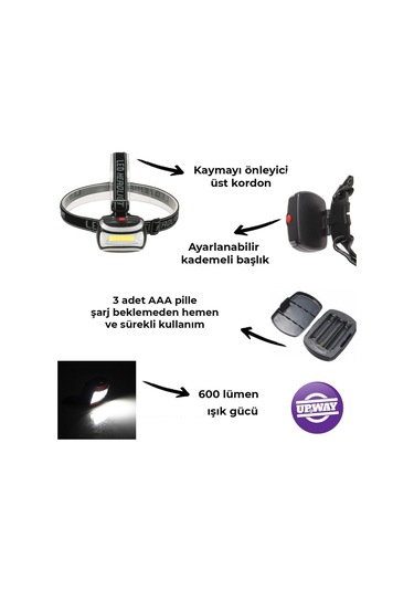 Upway 600 Lümen Pilli 3 Modlu Ergonomik Kafa Feneri Siyah