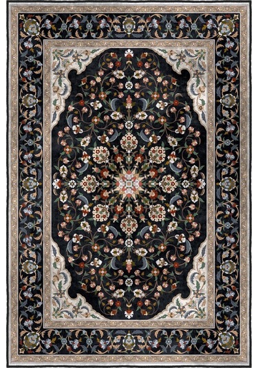 Zeminde Bir Saray Medalyonlu Ve Çiçekli Halı Tasarımı - Kaymaz Taban Siyah - Bej