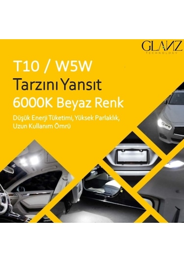 Glanz T10 W5w 6000k Dipsiz Beyaz Park Plaka Ampul Lambası 10 Adet